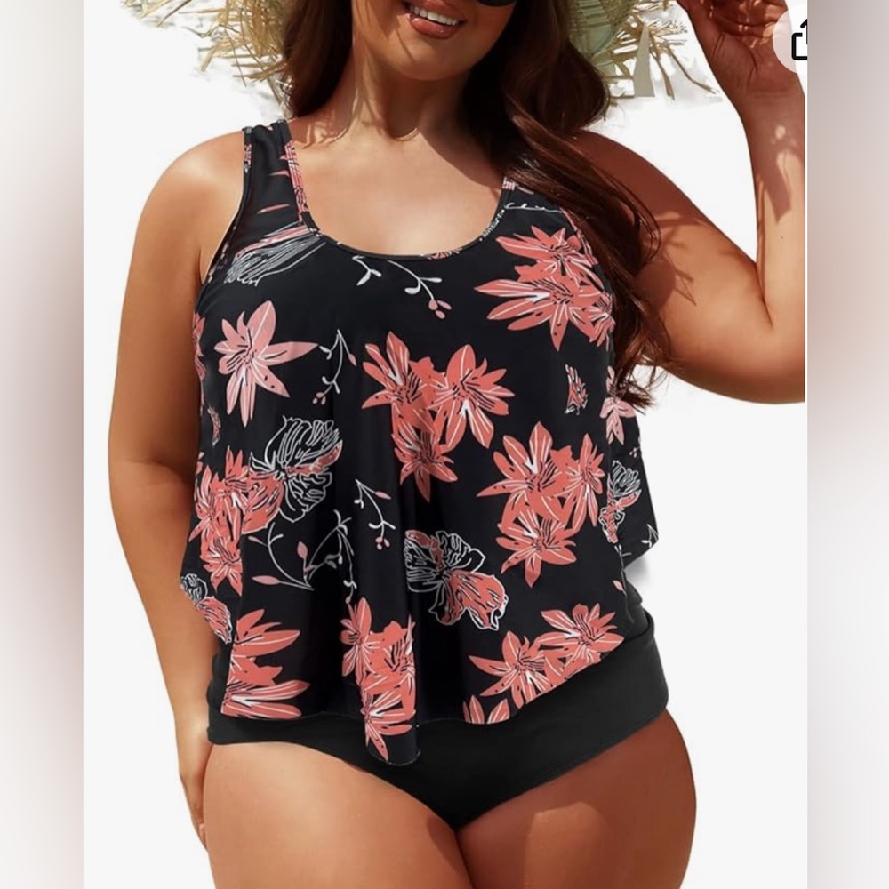 Souqfone Black Orange Floral 2 Piece  Swimsuit Women’s Size XXXL